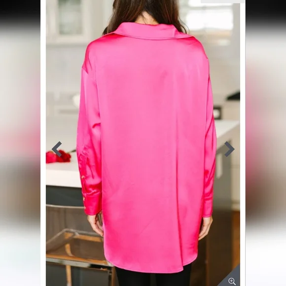 ENTRO Satin Long Sleeve Relaxed Fit Button Up Blouse In Hot Pink. Size Med NWT - Picture 3 of 16